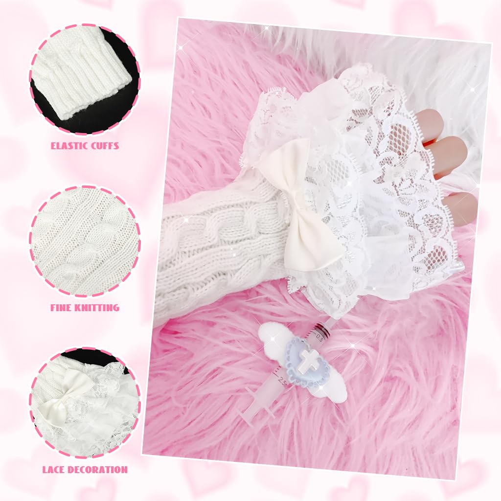SANNIDHI Lolita Gloves Arm Warmers featuring Lace Trim and Cute Bow Design for Women Girls