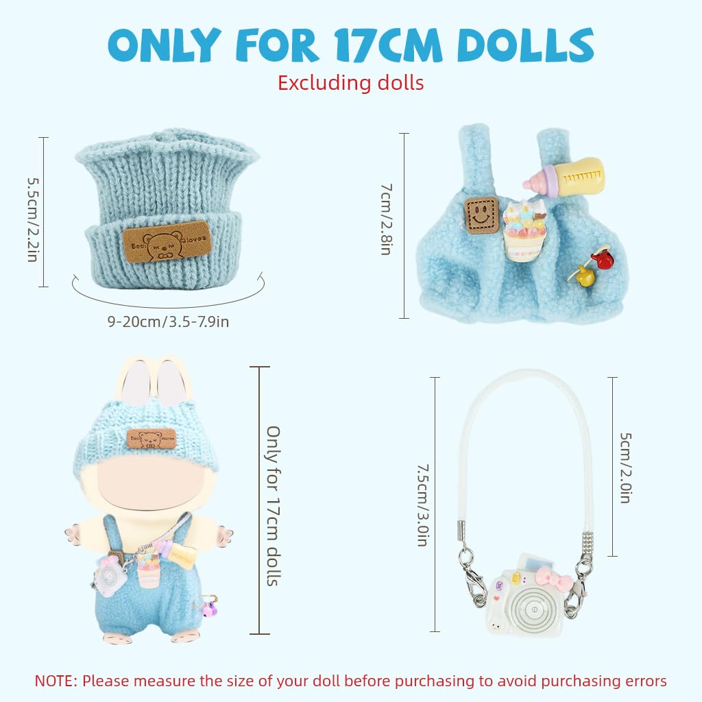 PATPAT Clothes for 17cm Dolls with Hat Milk Bottle and Mini Camera | Blue Crochet Set