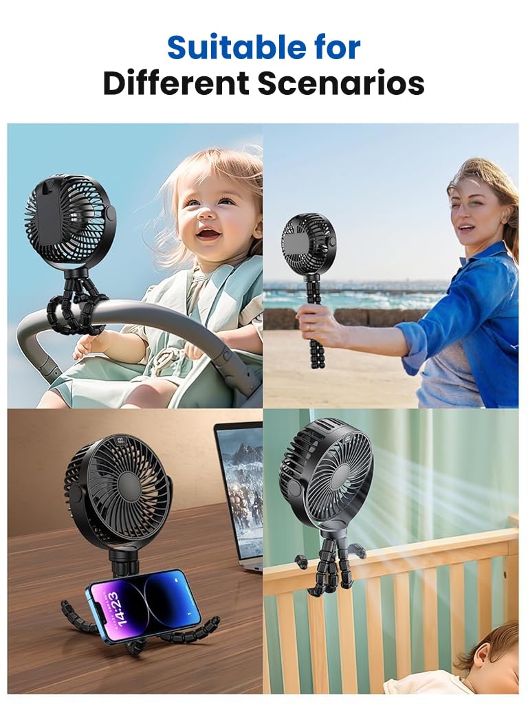 Verilux USB Stroller Fan with 5000mAh Battery and Flexible 3 Claws for Crib or Desk | Quiet Cordless Cooling