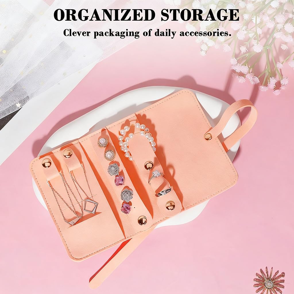 MAYCREATE Jewellery Organiser Pouch for Travel with Roll Up Strap 12 x 6.8 x 1.5 cm Pink PU | Ideal for Women and Girls