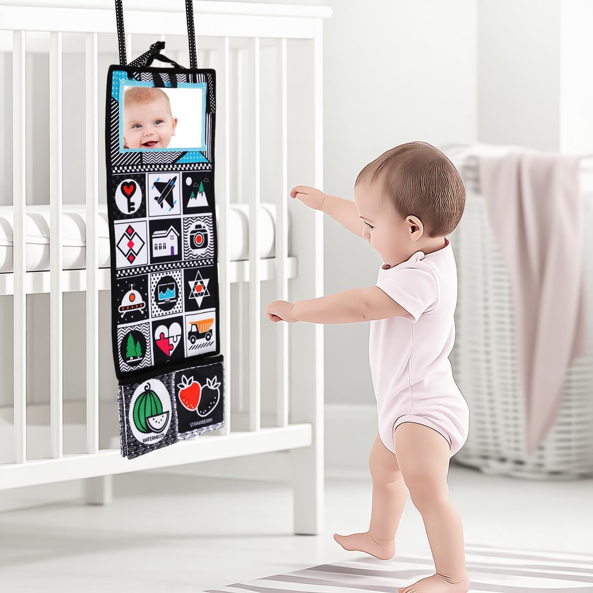 SNOWIE SOFT Baby Cloth Book Toy for Tummy Time with Crinkle Pages Mirror and Teether | Travel Friendly