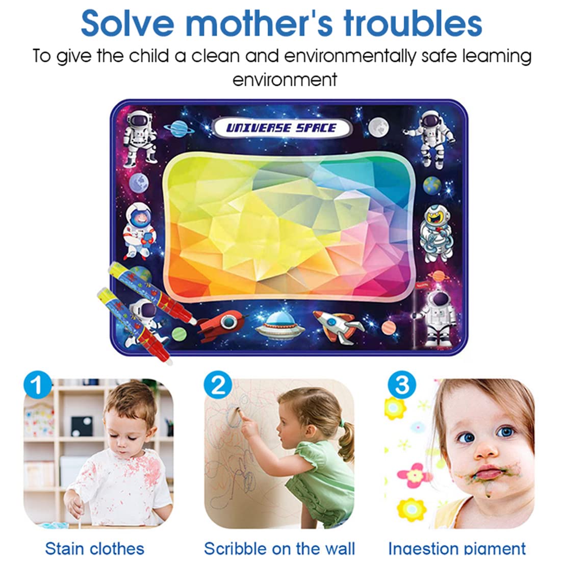 ELEPHANTBOAT Water Doodle Mat for Kids with 2 Magic Pens featuring Water‑Reveal Design | Foldable Educational Toy for Toddlers Age 2