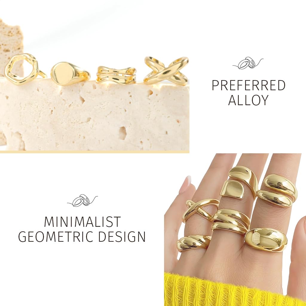 SANNIDHI Rings Set for Women with Adjustable Open Structure and Golden Alloy Finish | 6Pcs Stackable Chunky Design