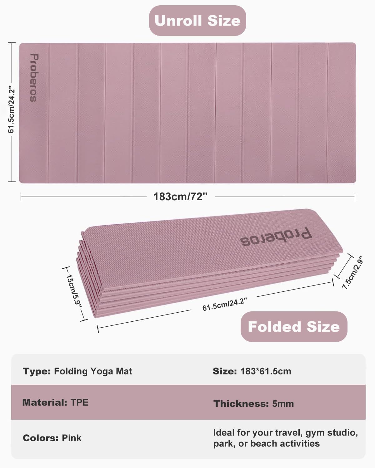 Proberos Folding Yoga Mat for Home Workout with Anti Slip Texture and 72x24 in Size | TPE 5mm Thick Pink Mat