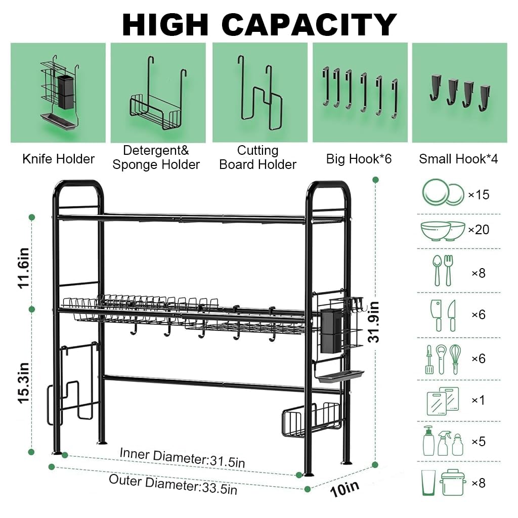HASTHIP Over The Sink Dish Drying Rack 33.5x10x31.9 in with Double Layer Shelf | Stainless Steel Kitchen Organizer
