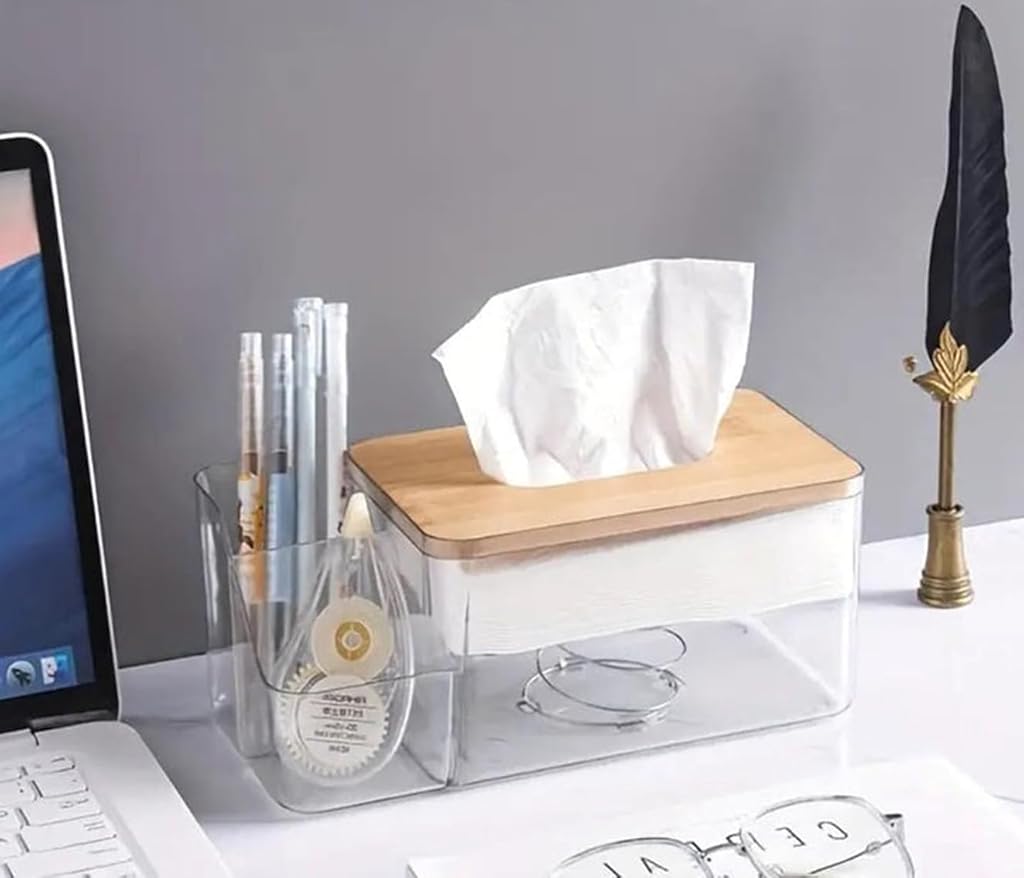 HASTHIP® Tissue Paper Dispenser Box, 2 in 1 Clear Desk Tissue Paper Dipenser Case with Wooden Lid Desk Organizer Remote Holder, 30.5x11.7x9.8cm
