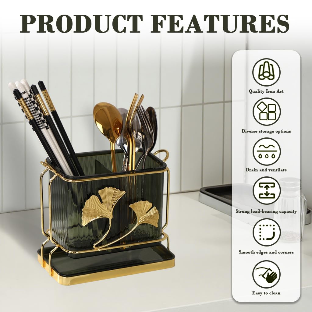 Supvox Cutleries Organizer for Kitchen with Dual Compartments and Drip Tray 17x8x16cm Green