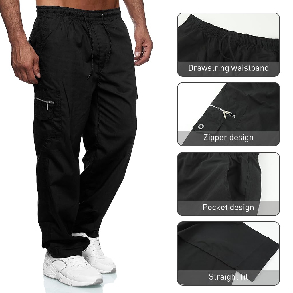 GUSTAVE Cargo Pants for Men with 80cm Elastic Waist and Multi Pockets | Polyester Loose Fit Black Trousers