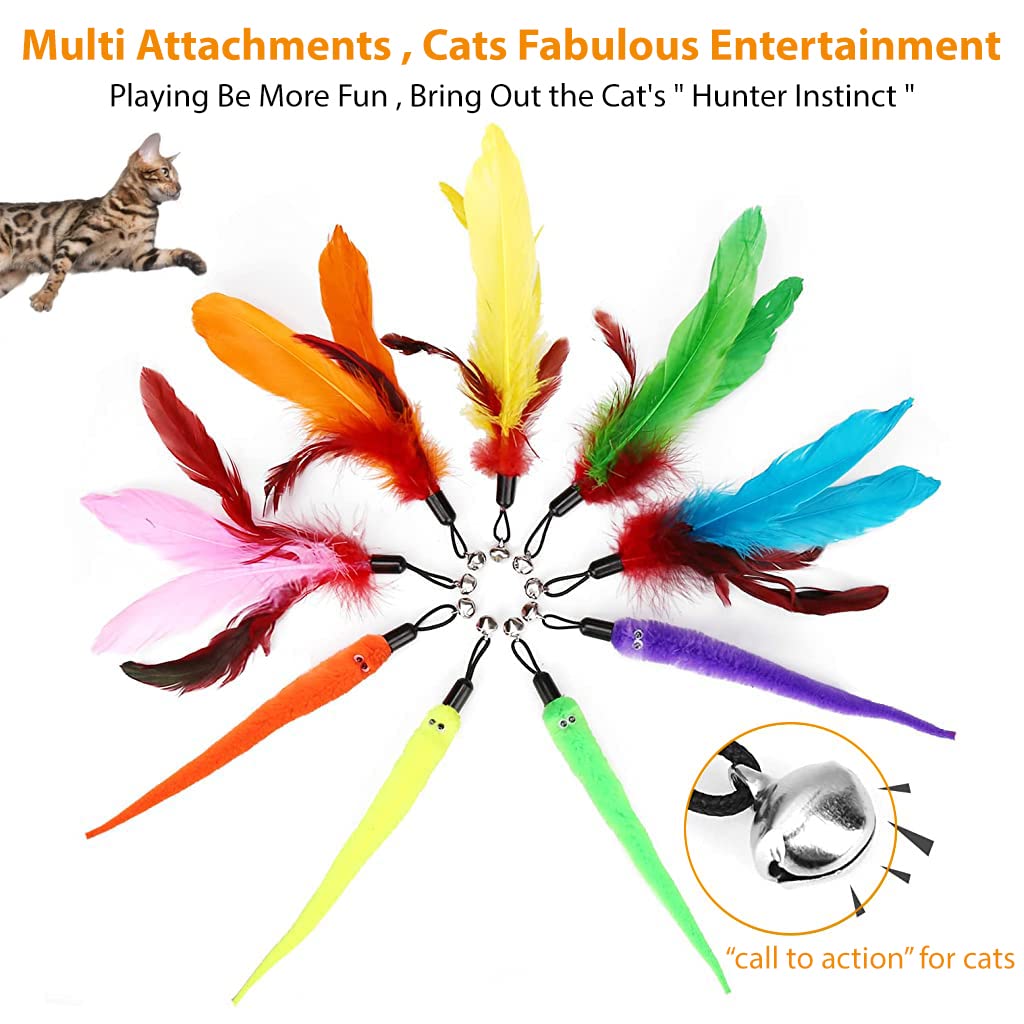 Qpets® Cat Teaser Toy, Feather Toy for cat 11 Pcs Cat Toy Set with 2 Retractable Teaser Wand & 5 Feather Teaser Toy & 4 Worm Teaser, Interactive Cat Toys for Kitten to Play Chase Activity Exercise