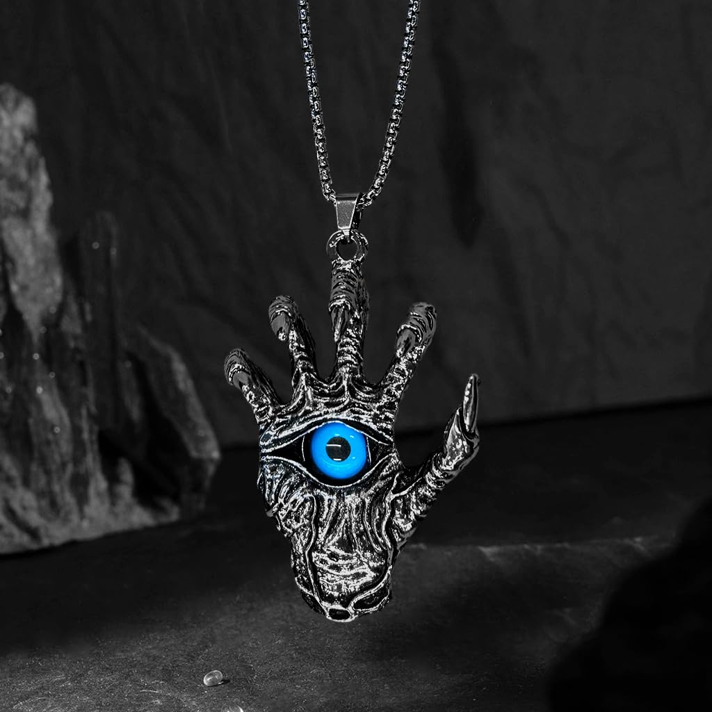 Proberos Necklace for Men featuring Devil's Hand Blue Eye Pendant and Gothic Punk Style | Alloy Chain