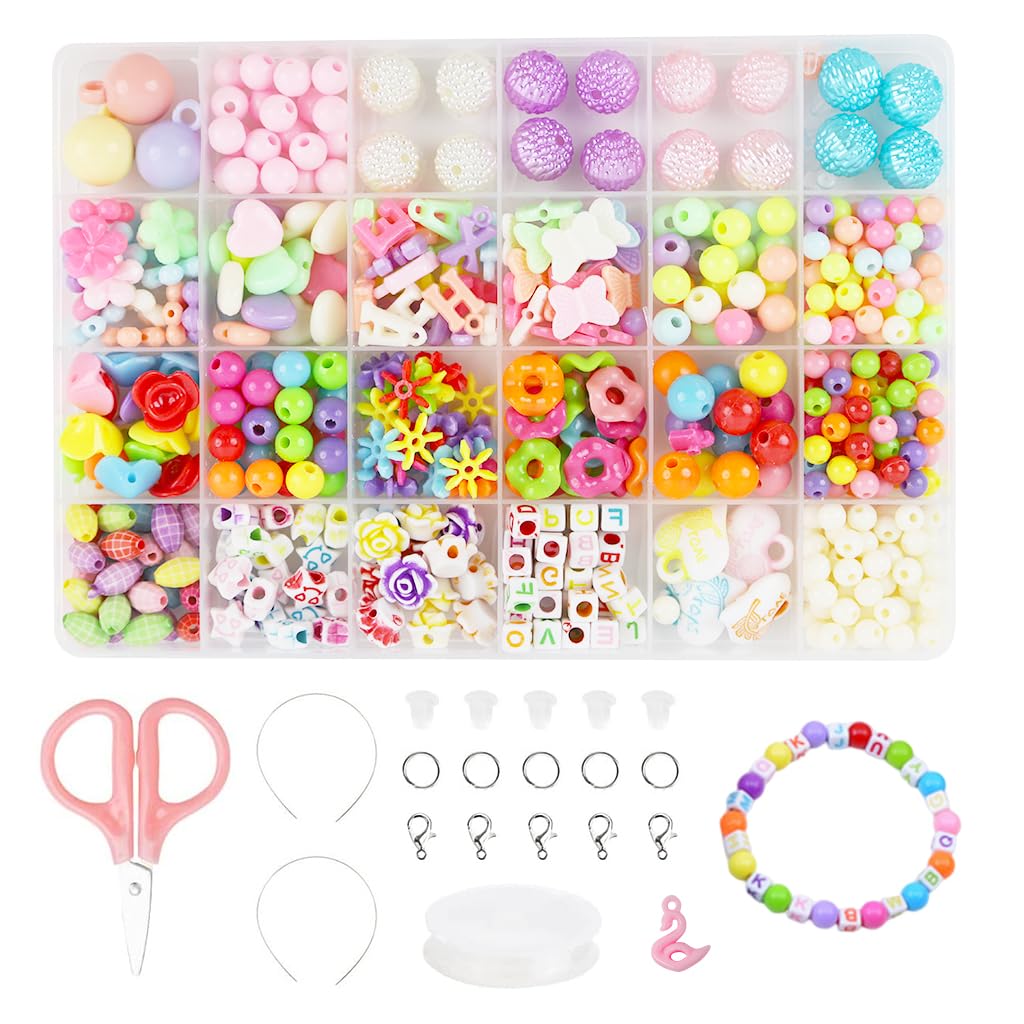 SANNIDHI 520Pcs Color Beads Kit DIY Bracelet Making Kit Jewelry Making Kit with Strings and Tools 24 Types Handcraft Beads Kit DIY Crafting Acrylic Color Beads Spacer Beads Kit Children's Day Gift