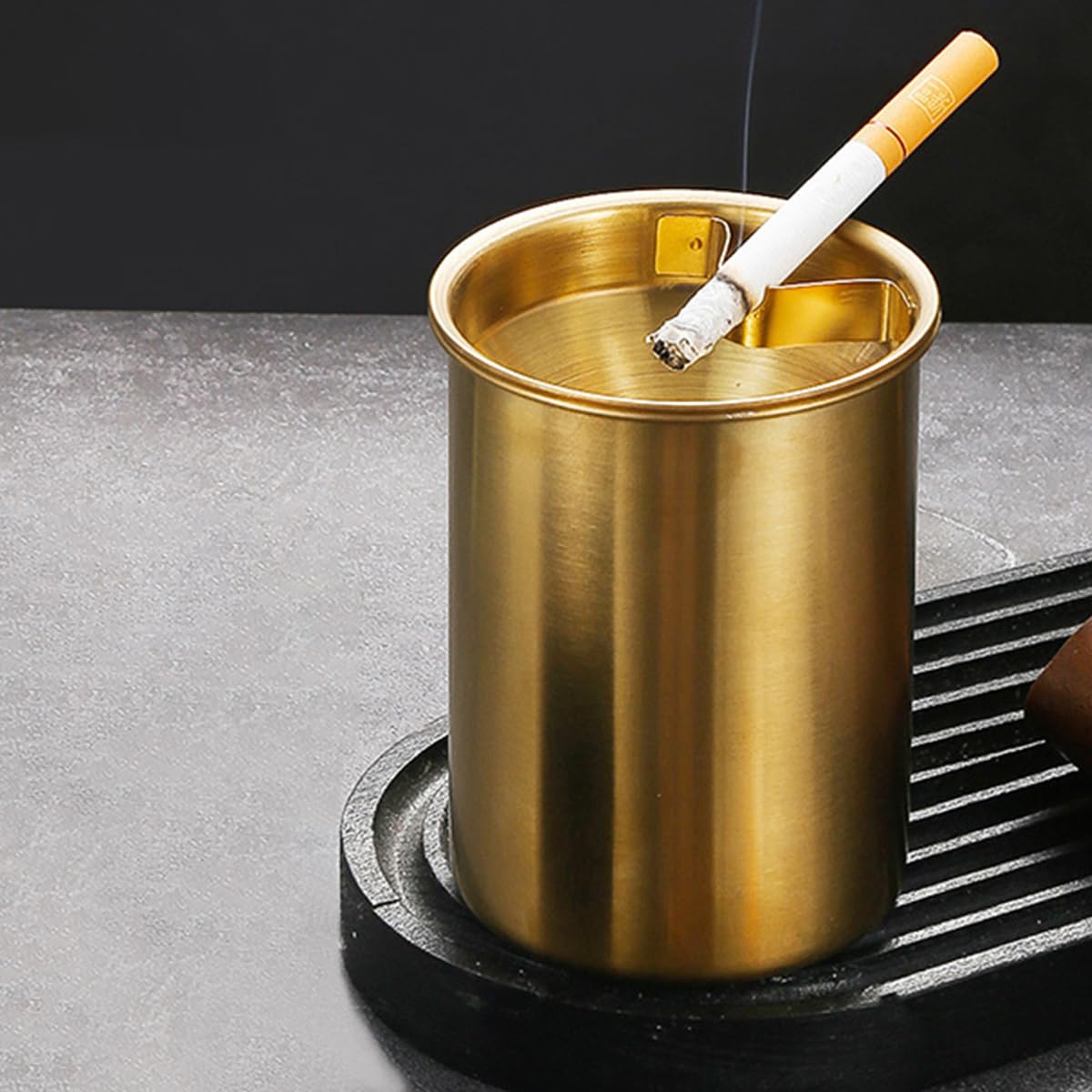 HASTHIP Car Ash Tray for Home Office and Car with Funnel Lid & Cigarette Holder | 3.9 in Golden Stainless Steel