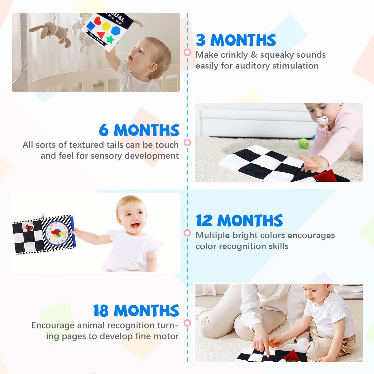 SNOWIE SOFT Cloth Books for Babies with Crinkle Pages and Squeaky Sound | Black and White Sensory Toy