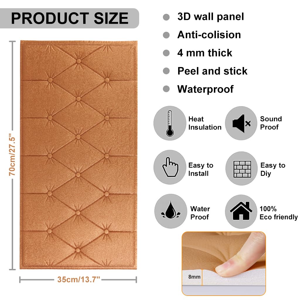 HASTHIP® 4Pcs Bed Headboard Foam Panel, 8mm Thick Adhesive Foam Wall Pads, Brown Leather-Like Texture 3D Cushioning Wall Panels for Home, Hotel, Living Room, Bedroom, Cafe Décor (27.5x13.7 Inches)