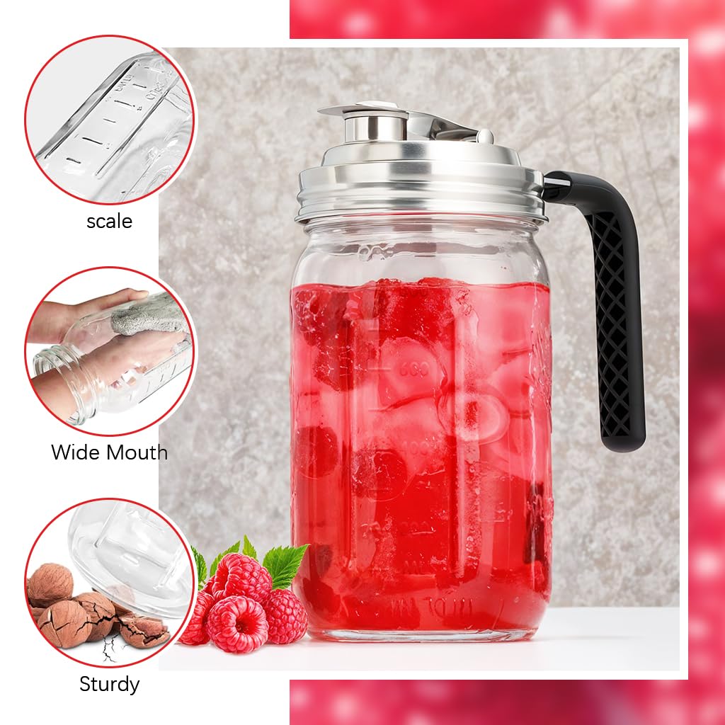 Supvox Glass Mason Jar for Kitchen Storage with Handle and Capped Pour Spout | 32oz 304 Stainless Steel Lid