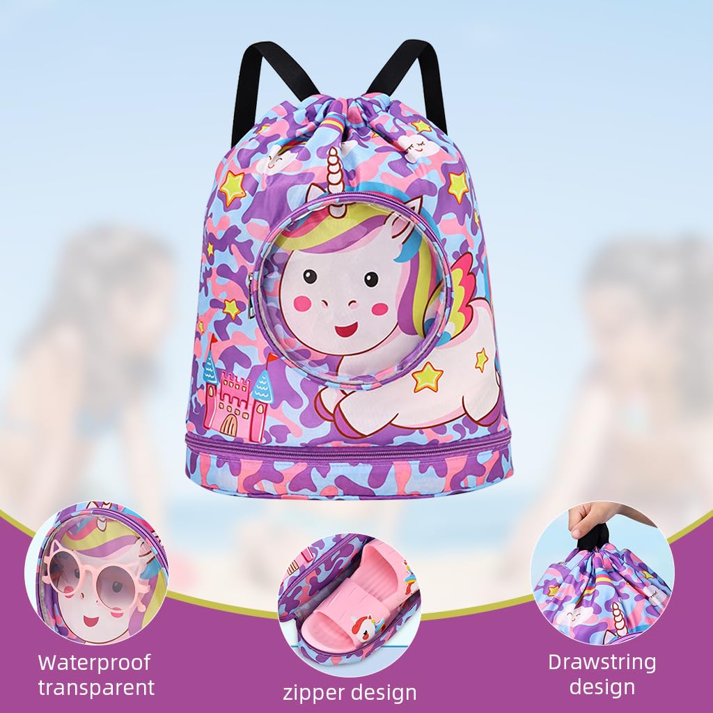 Proberos Drawstring Backpack for Girls with EVA Waterproof Pouch 32.5x39cm | Unicorn Print