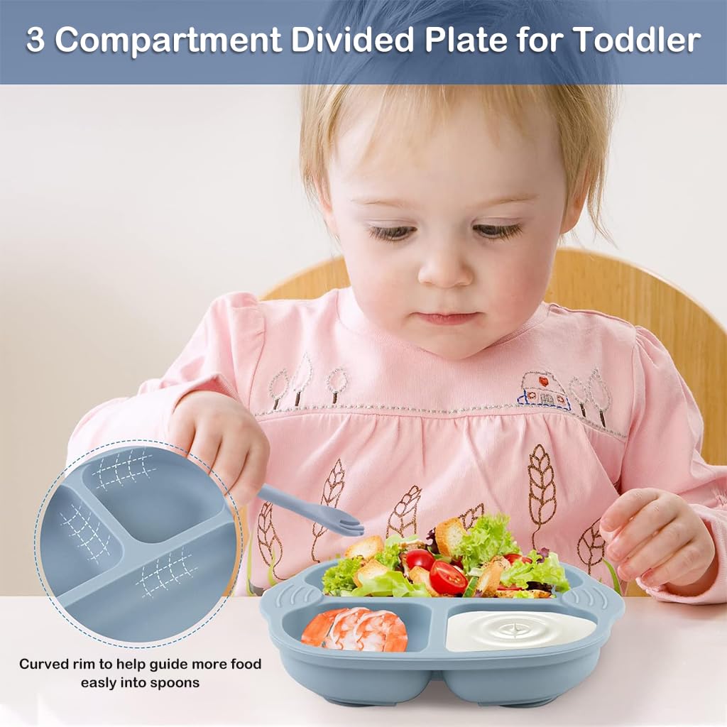 SNOWIE SOFT Baby Suction Plates for Baby Feeding with 4 Strong Suction Cups, Silicone Toddler Plates with Spoon & Fork for Kids to Feed Themselves, Dish Washer & Micro-Wave Oven Safe