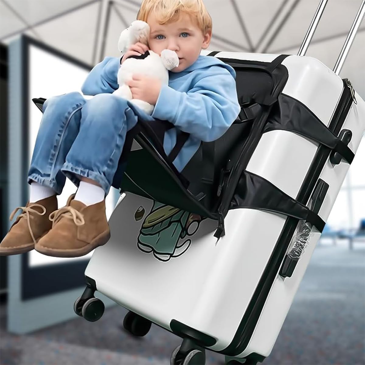 SNOWIE SOFT® Toddler Seat for Luggage Safe Toddler Seat Attachment for Wheeled Luggage Safe Shoulder Strap Design Folding Seat Attachment for Luggage Easy Luggage Carrier Seat for Flight Travel