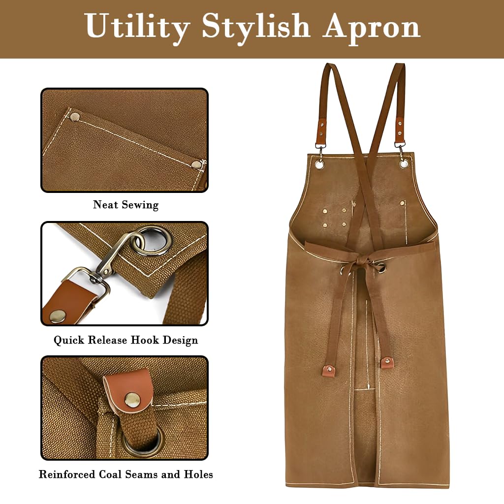 HASTHIP Working Apron for Kitchen and Workshop with Metal Eyelets and Front Pockets | Canvas Tie-Back Design