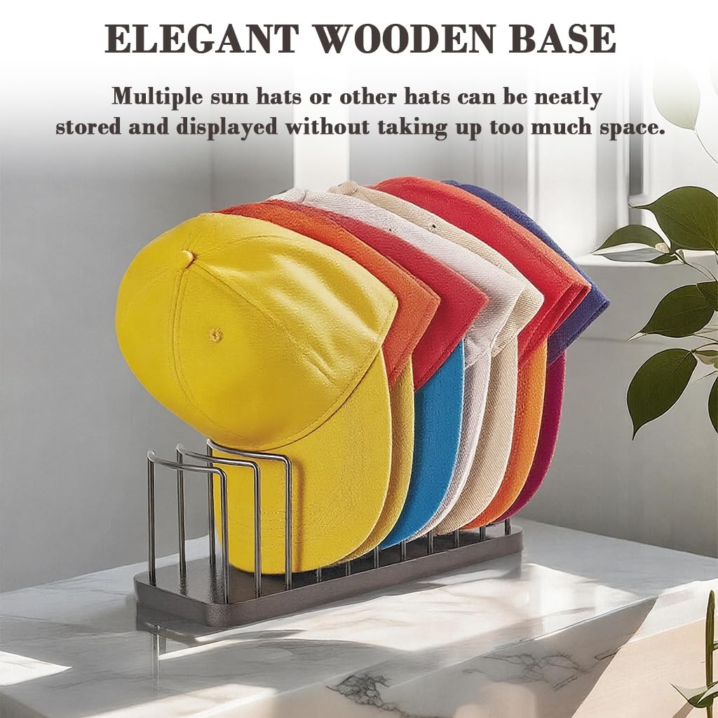 HASTHIP Hat Organizer for Desk and Shelf Display with 10 Slots and Wooden Base | 26.5x10x10cm Metal Wire Cap Holder