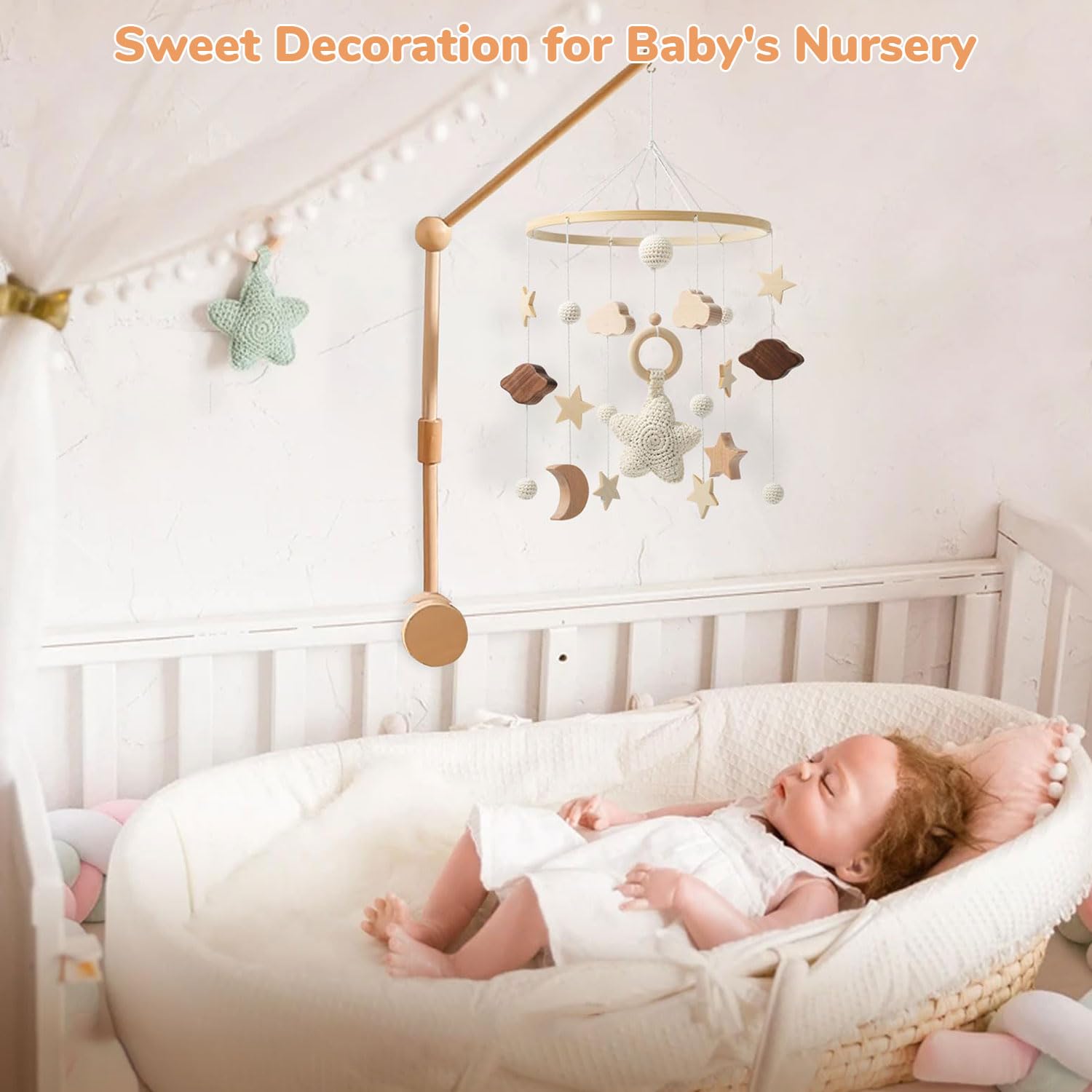 SNOWIE SOFT Baby Crib Hanging Toy with Wooden Charms for Nursery Decor and Soothing Calm