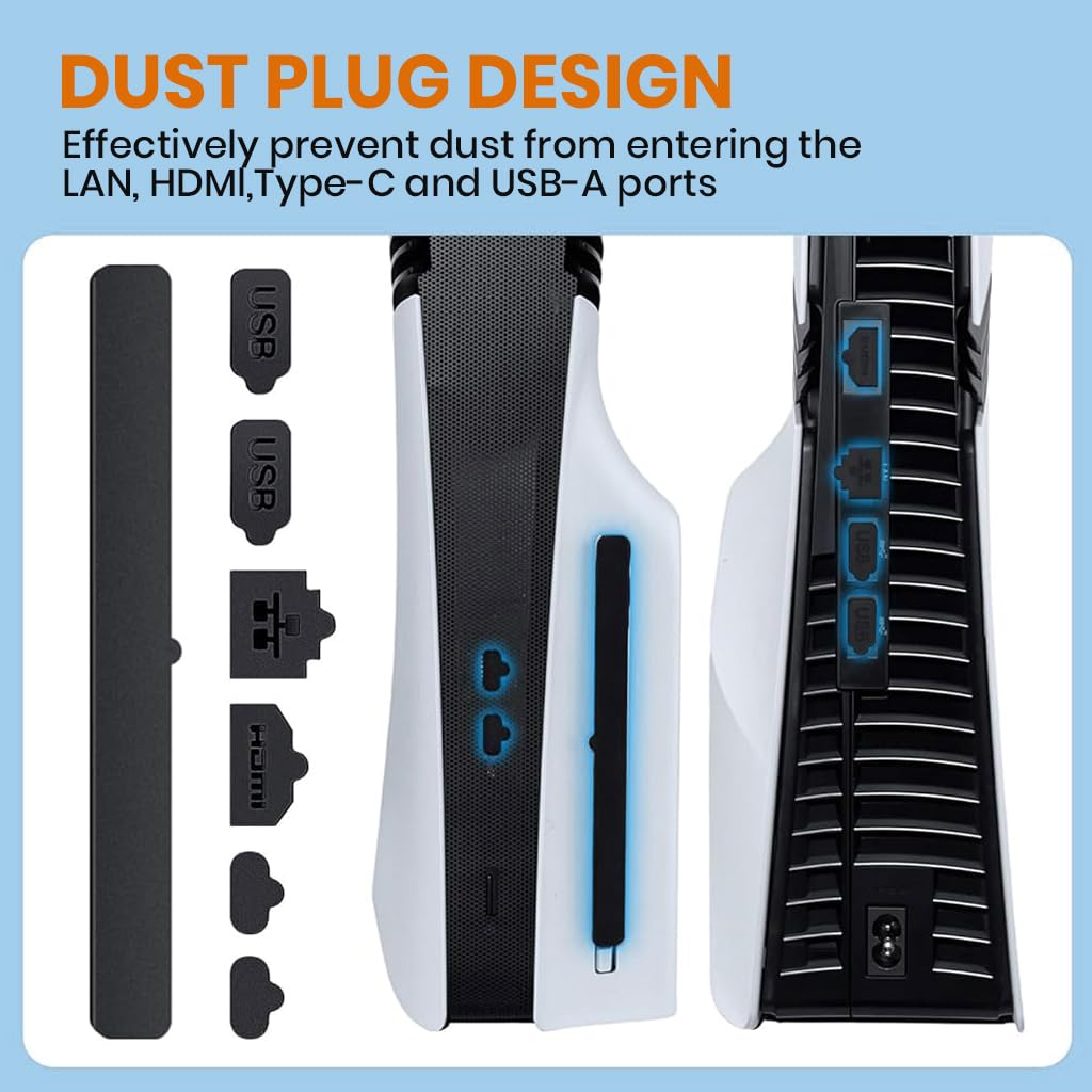 ZORBES PS5 Pro Dust Cover and Plug Set for Disc and Digital Consoles featuring 8Pcs Snap-On Mesh Panels & Silicone Plugs