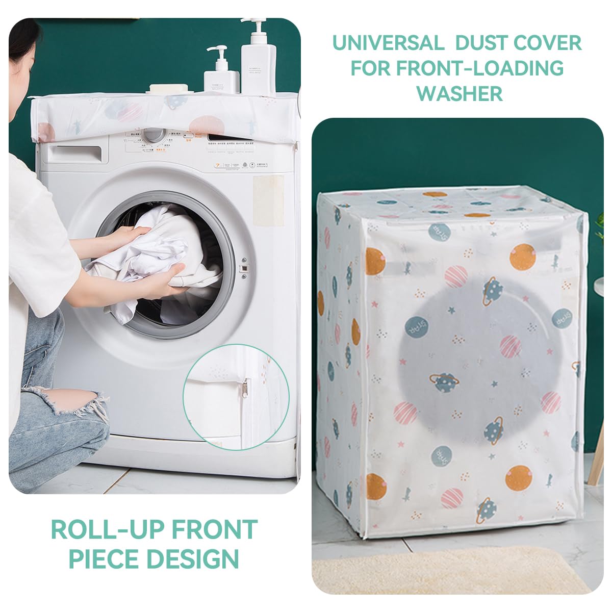 ZIBUYU Washing Machine Cover for Front Load with Roll Up Zipped Front and PEVA Waterproof Material | Cartoon Print Design