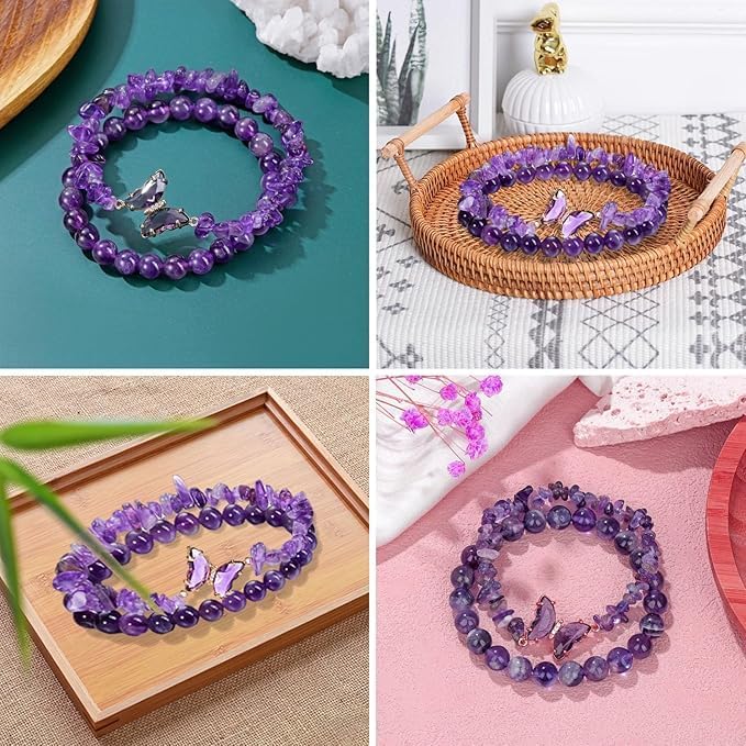 SANNIDHI Crystal Beaded Bracelets Set of 2 with Purple Stones and Butterfly Charm for Women Girls