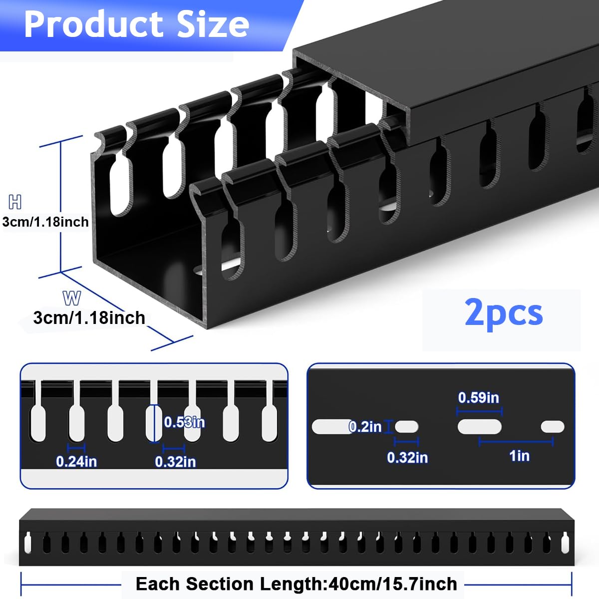 Serplex Cable Raceway for Under Desk Cable Management with Side Eyelets | 2Pcs 15.7 in PVC Kit