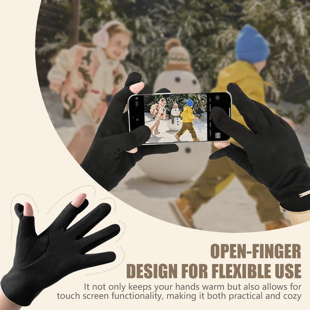 SANNIDHI Winter Gloves for Women with Open Index Finger and Warm Fleece Lining | Suede Black
