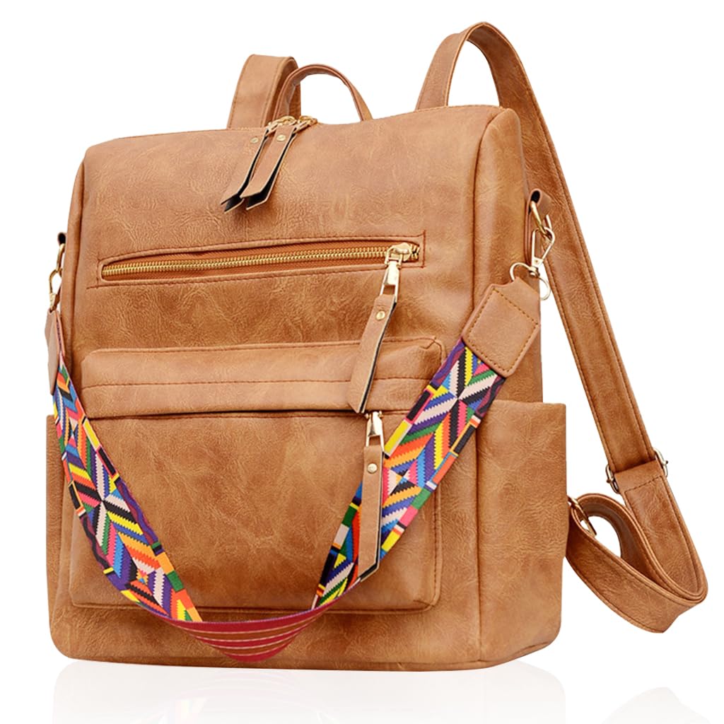 ZIBUYU Women Backpack for Travel and Office featuring Hidden Zipper Pouch | Light Brown PU Leather