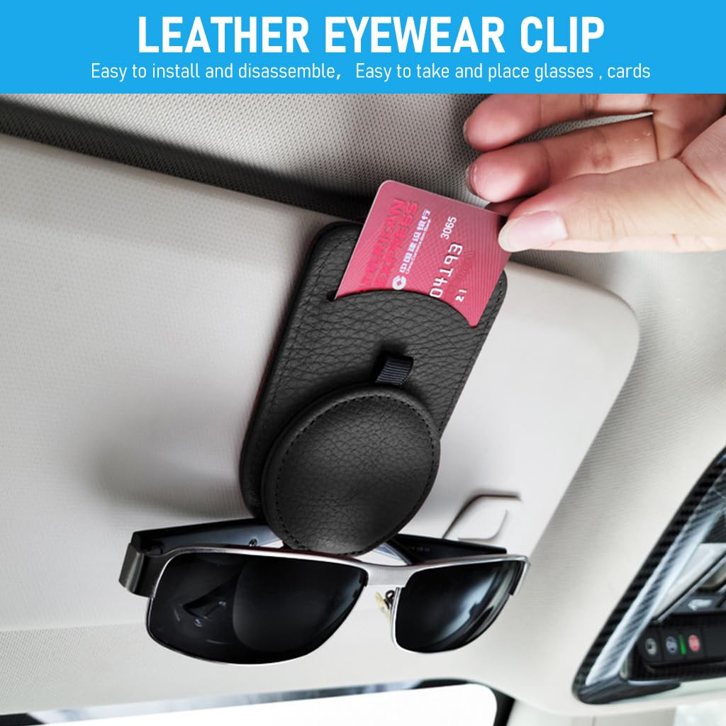 STHIRA Clip On Sunglasses Holder for Car Sun Visor with Magnet Closure 4.33x2.76 in PU Leather | Includes Card Slot