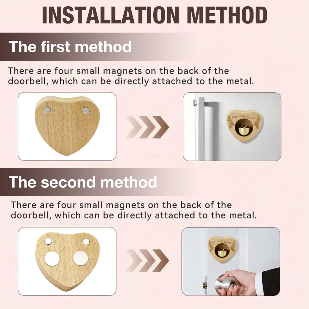 HASTHIP® Wooden Door Chime with Brass Bell - Heart-Shaped Beech Wooden Door Chime, Self-Adhesive Magnetic Doorbell for Home & Shop, Shopkeepers Door Chime