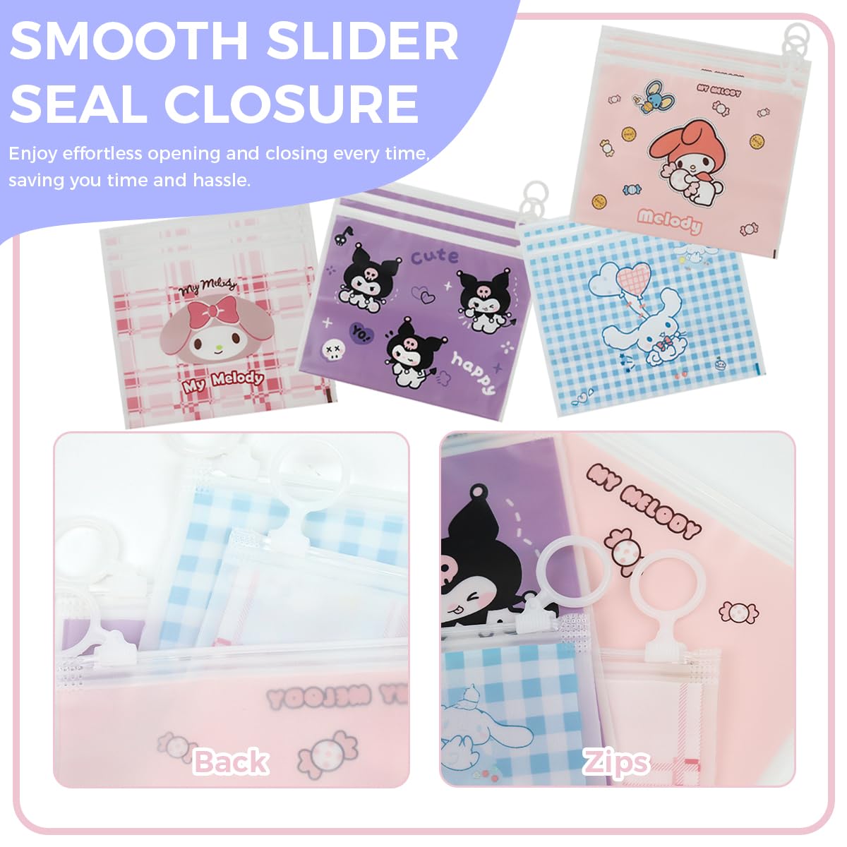 Climberty Pencil Case for Girls 12Pcs with Smooth Slider Seal Closure and Plastic Bags | Cute Sanrio Designs for School Supplies