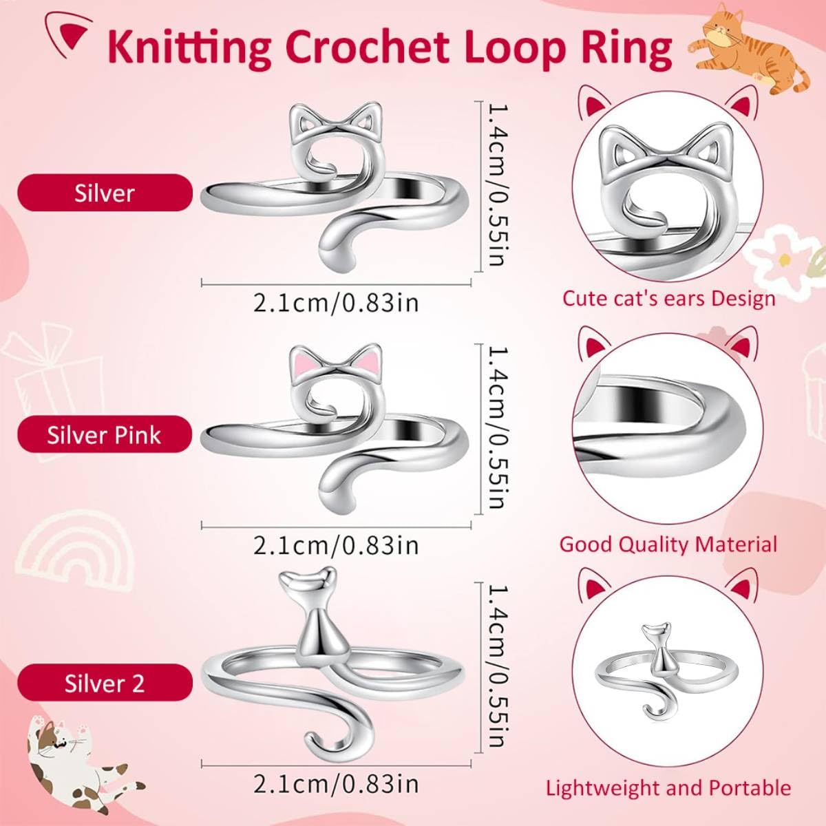 HASTHIP Crochet Rings for Tension with Adjustable Cat Ear Design 3pcs 2.1×1.4 cm | Gifts for Knitters