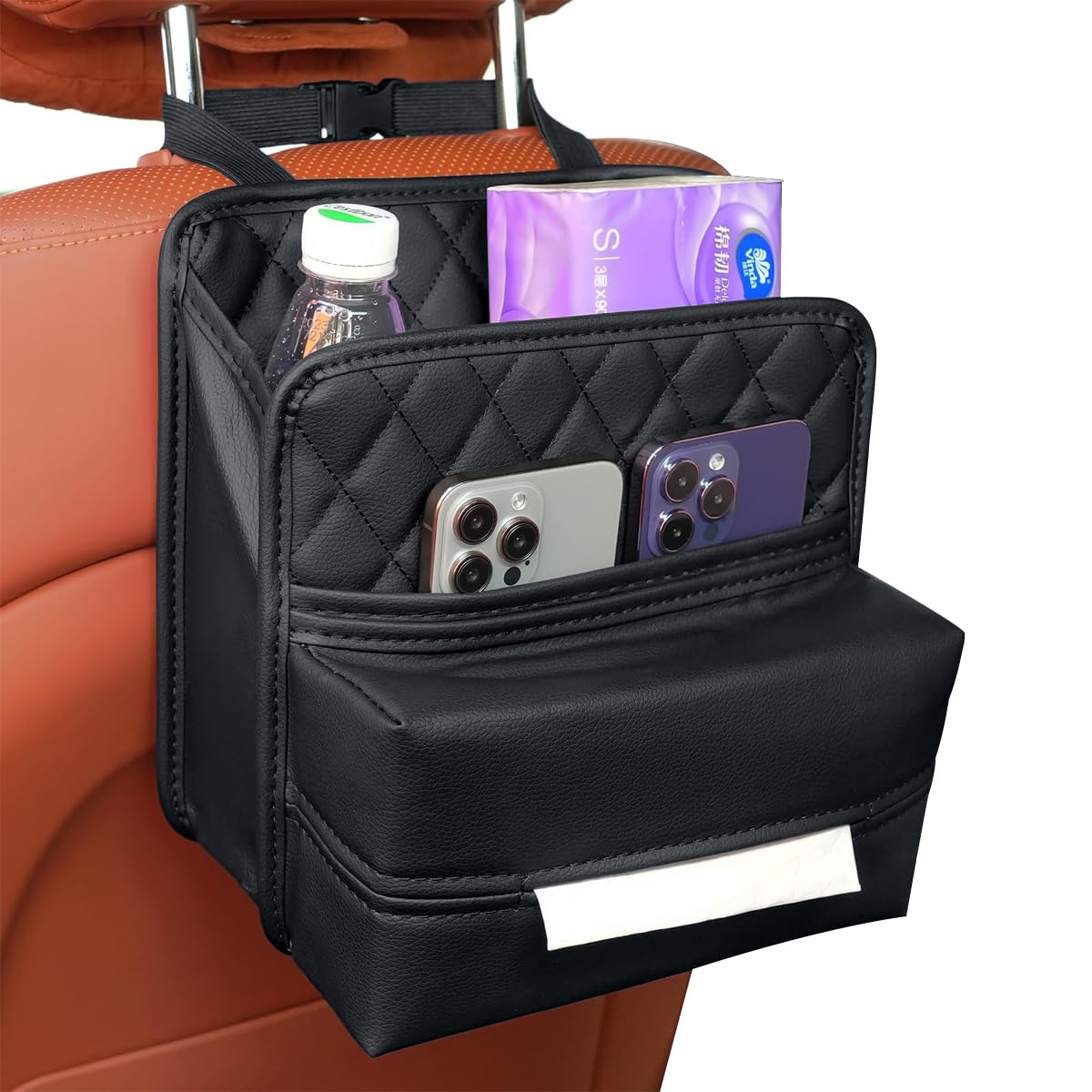 STHIRA PU Leather Car Seat Back Organizer with Tissue Holder for Travel and Storage | Waterproof Multi Pocket Design