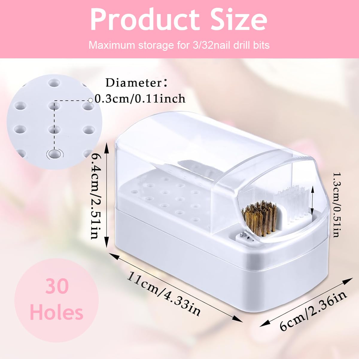 MAYCREATE Nail Drill Bits Organizer with 30 Holes and Dual Integrated Cleaning Brushes | Portable Storage Box for Professional Nail Care