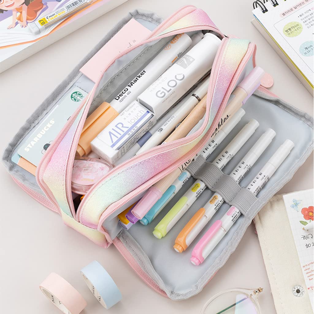 HASTHIP Pencil Case for School and Office with 3 Zippers and 21x5x9cm Capacity | Pink Multi Compartment Pouch