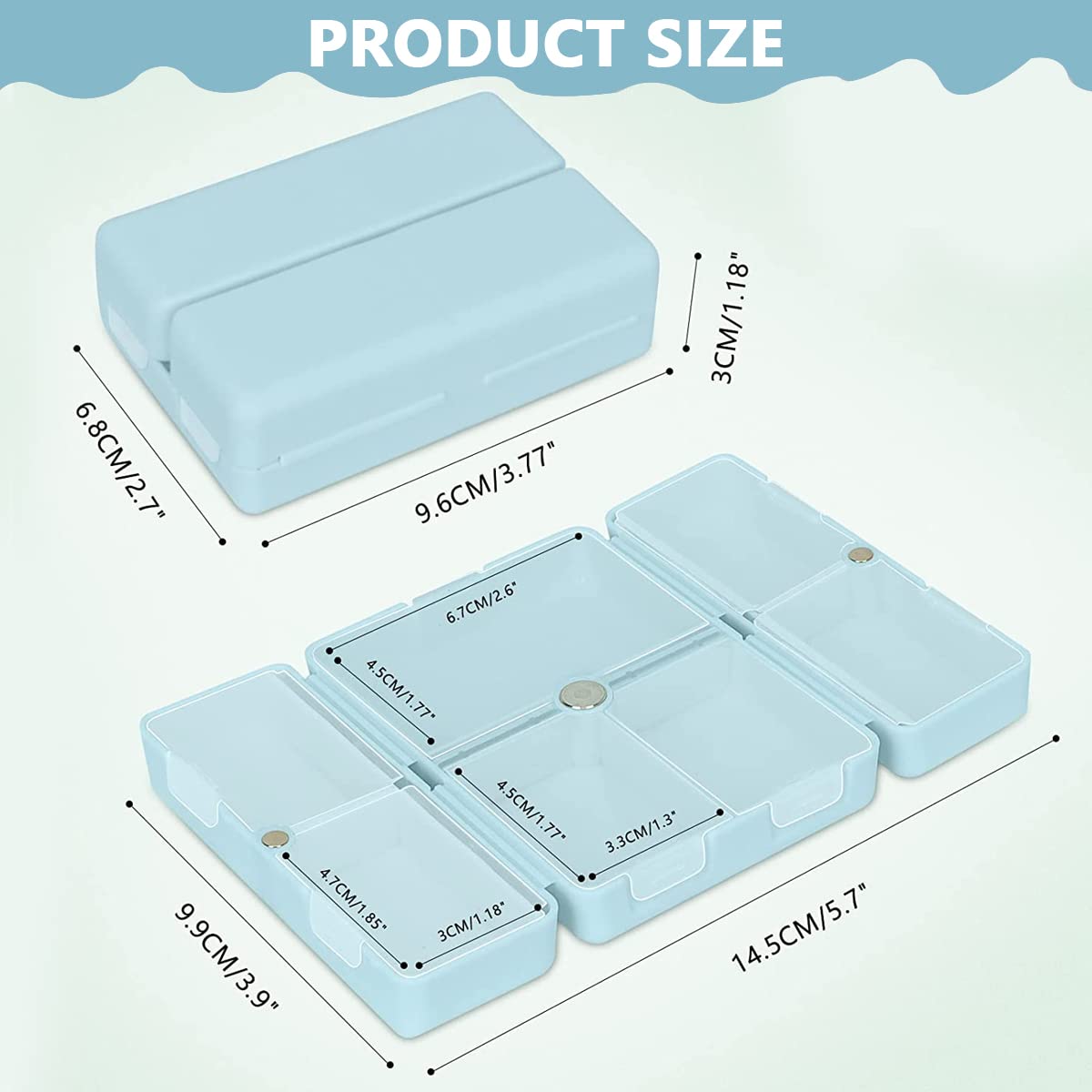 HANNEA Pill Organizer for Travel with 7 Compartments Featuring Folding Design Blue 2PCS