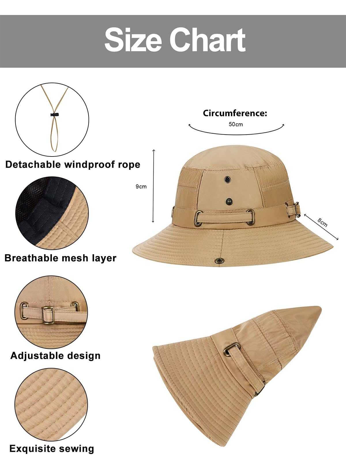 Zibuyu Sun Hat for Women with 8cm Wide Brim and Flip Up Design in Khaki | UV50+ Protection