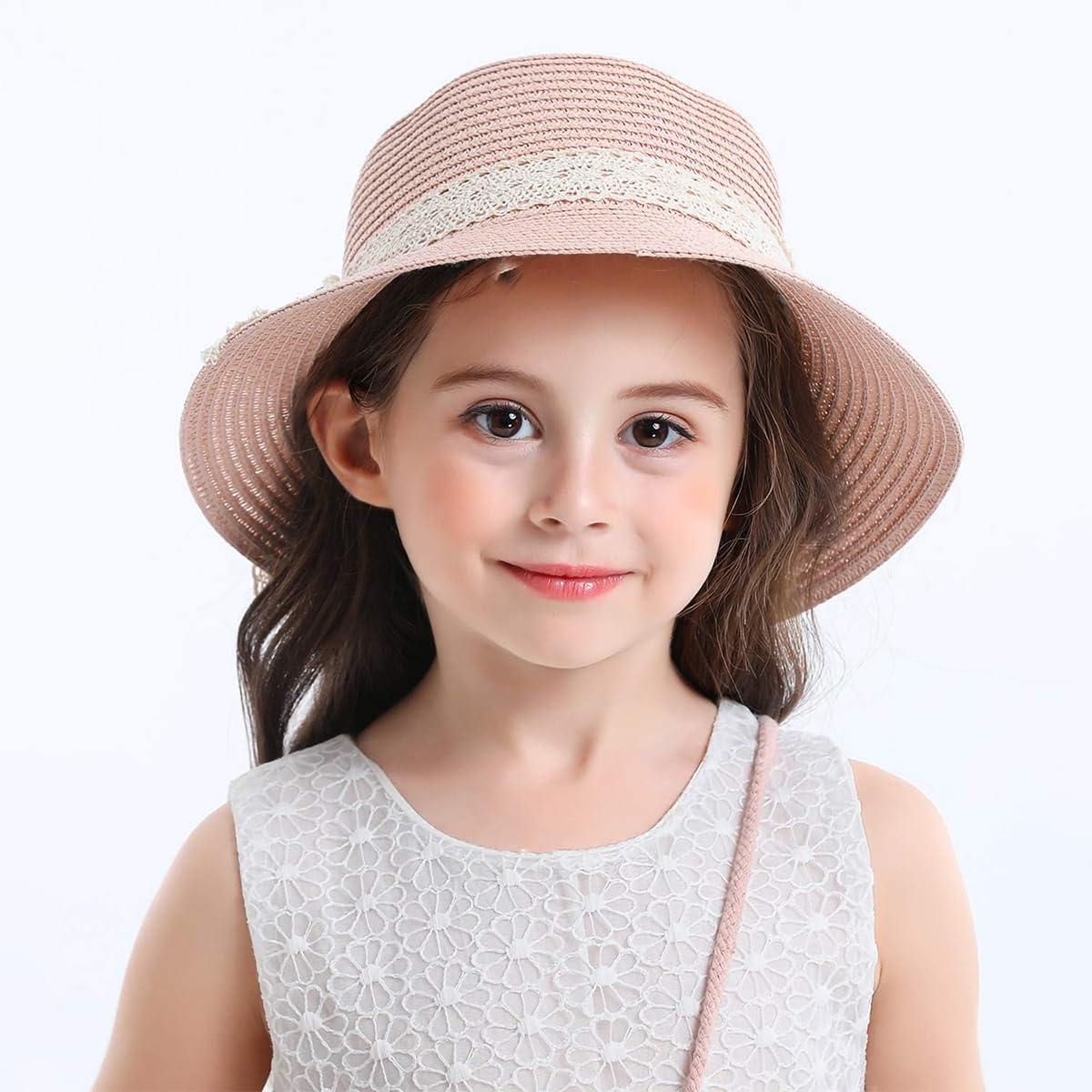 SNOWIE SOFT® Straw Hat for Kids Hat for Girls Summer Sun Hat with Mini Shoulder Bag Combo, Toddler Wide Brim Straw Girls Cap Floral Lace Bowknot Beach Hat for Girls Birthday Gift for 4-5 Years (Pink)