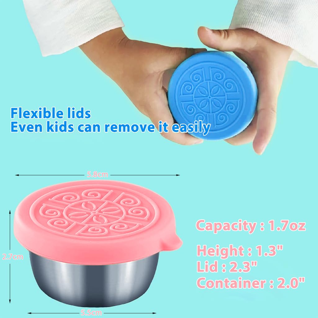 HASTHIP Salad Dressing Containers for Lunch and Travel with Leakproof Silicone Lids 40ml Stainless Steel Cups | Pink and Blue Reusable Set