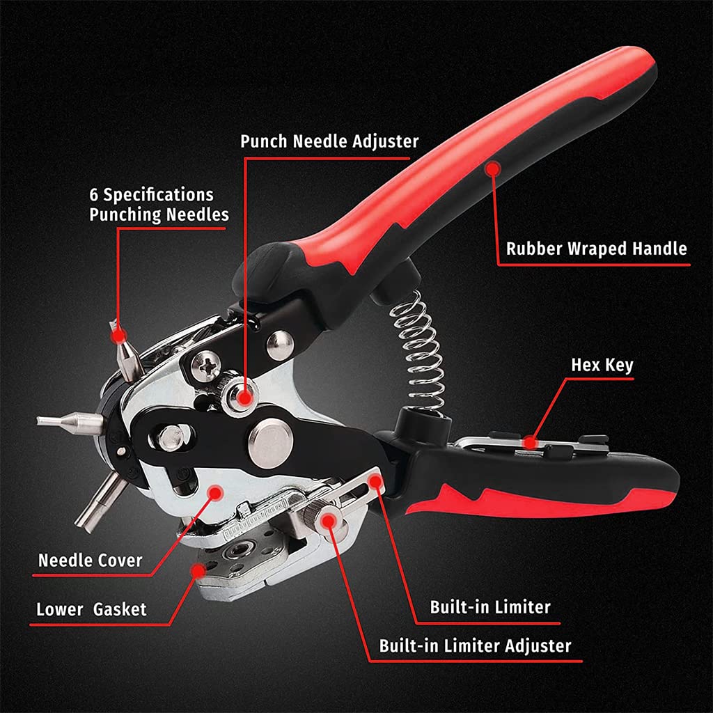 Serplex® Leather Hole Punch Tools Belt Hole Puncher for Leather, with 6 Punch Bits Side Distance Adjustable Screw Hole Punch Leather Puncher Crafting, Belt, Dog Collars, Shoes, Fabric, DIY