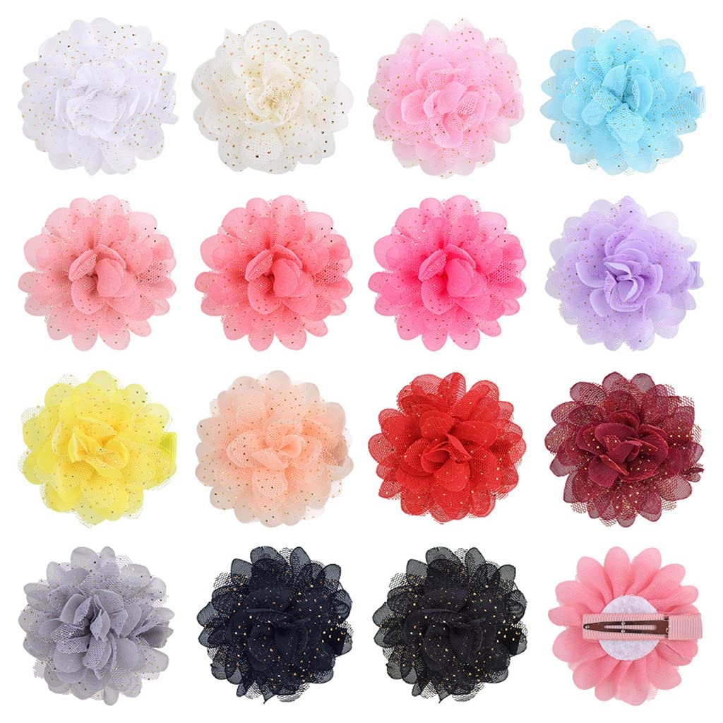 PALAY 15pcs Hair Bows Clips for Girls Cute Chiffon Flower Hair Clips Kit Gold Sequins Hair Barrettes Hair Accessories for Baby Girls Infants Toddlers Teens