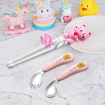 SNOWIE SOFT® Training Chopsticks for Kids, Stainless Steel Fork and Baby Feeding Spoons for 6 to 12 Months, Chopsticks for Beginners Weaning Spoons Toddler Flatware Sets Tableware Christmas Gifts Pink