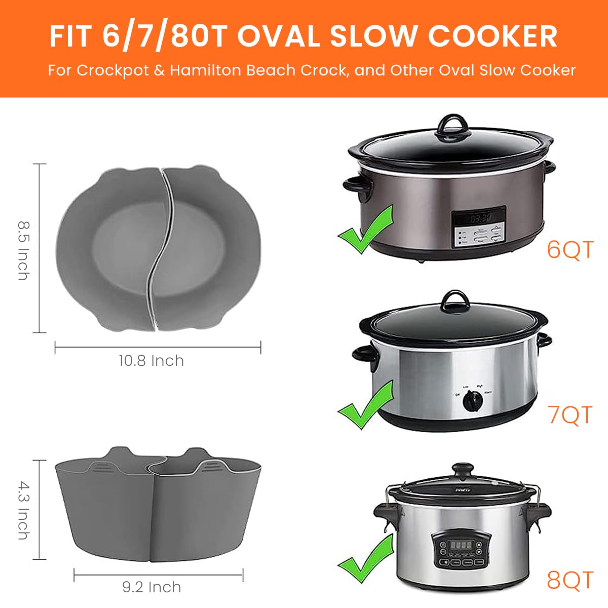 Supvox Silicone Crock Pot Liners for 6–8 Qt Slow Cookers with Dual Grid Design | Reusable Grey Insert
