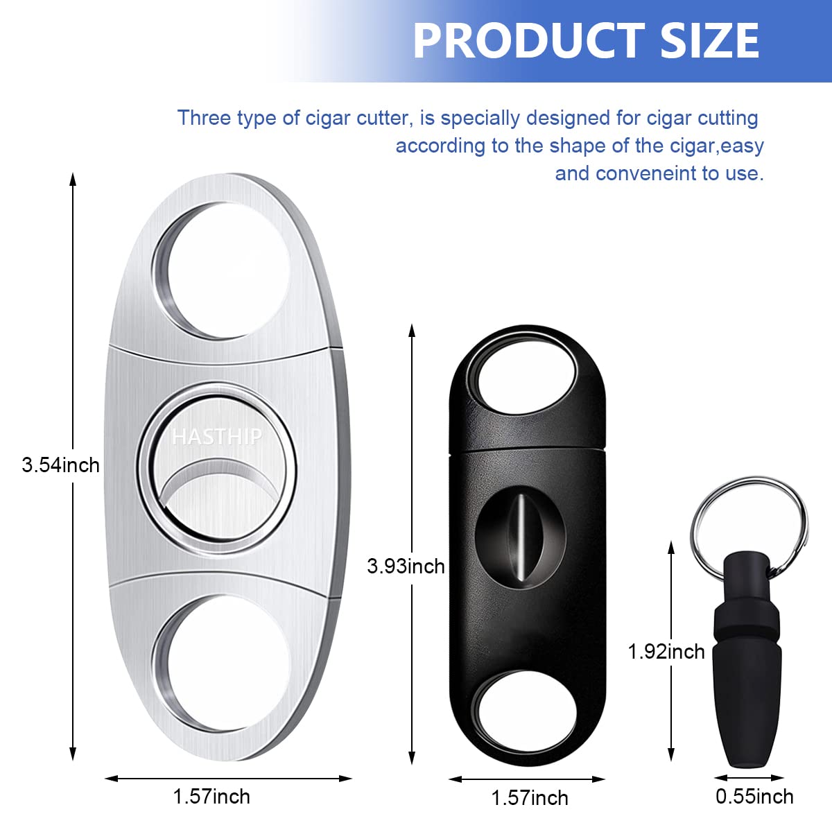 HASTHIP® 3PCS Cigar Cutter Set, Stainless Steel V-Cut Cigar Cutter & Cigar Punch for Most Size of Cigars, Portable Pocket Cigar Tool with Bag, Perfect Combo of Cigar Accessories for Men