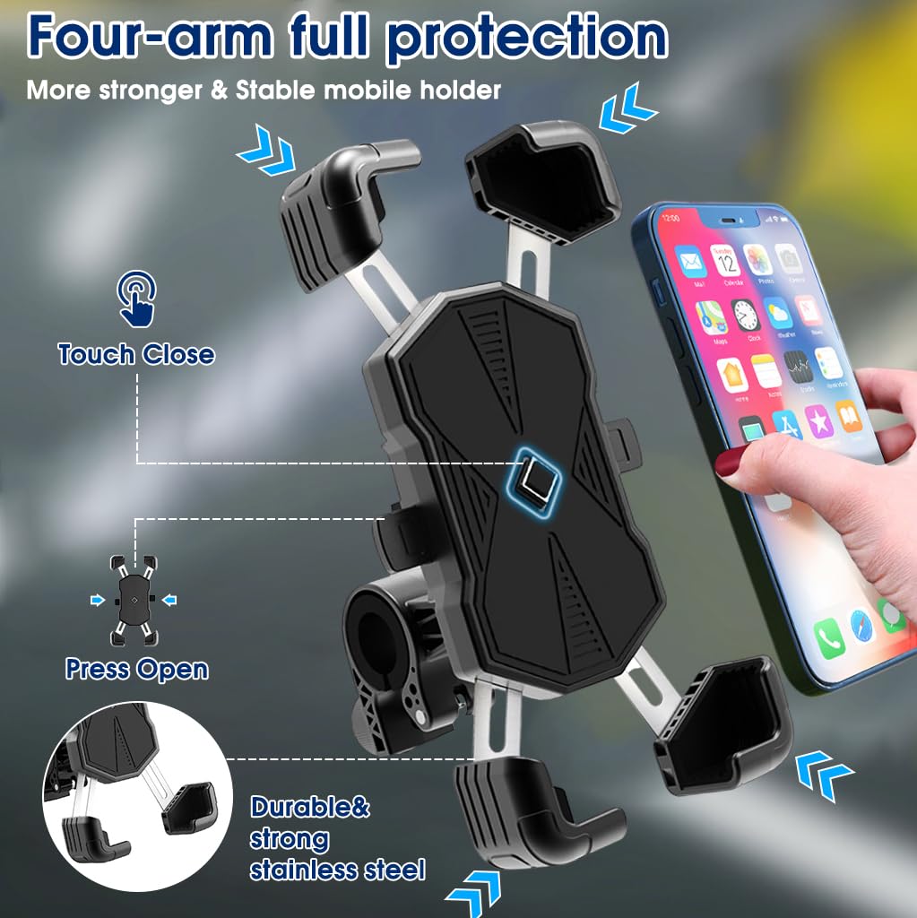 STHIRA® Bike Phone Mount Holder Stainless Steel Retractable Auto-locking Phone Mount 360 Degree Rotatable Phone Mount Holder Universal Phone Mount for Motorcycle, Bike,  Scooter, for 15-33mm Handlebar