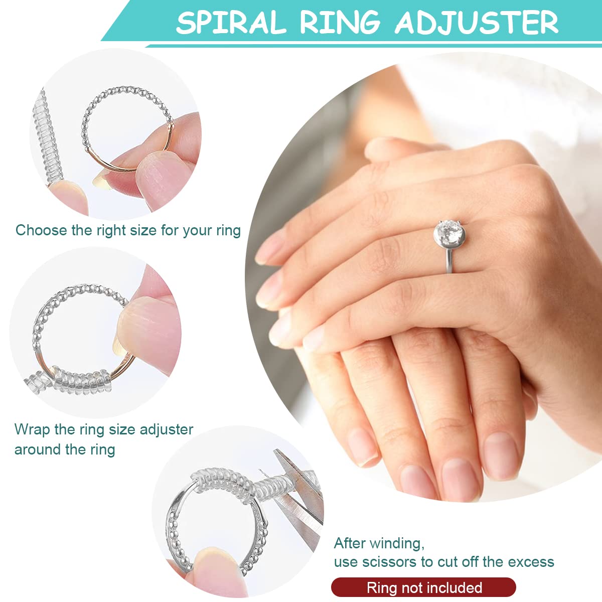 Venzina Ring Size Adjuster for Loose Rings with 4pcs 10cm Spiral Cord and 8pcs Regulators | Transparent EVA Self Adhesive Fit Tool for Men and Women