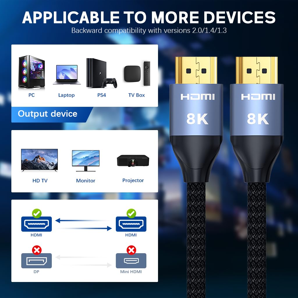 Verilux® 8K HDMI Cable Ultra HD HDMI 2.1 Cable Support 8K60hz 4K120hz HDMI to HDMI Cable 16.4ft/5m Nylon Braided HDMI Cable Universal HDMI Cable for TV, Monitor, PS3/PS4, Projector